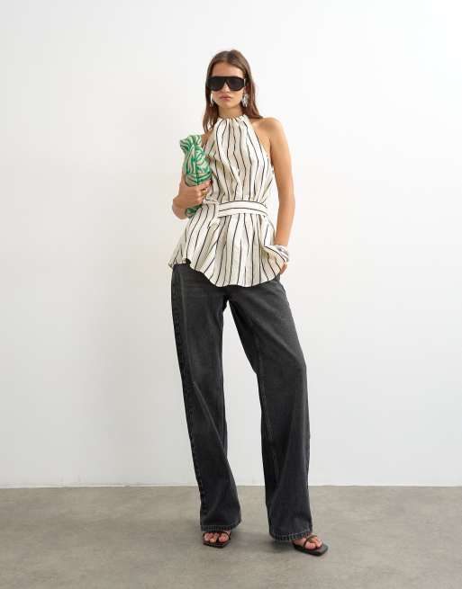 Topshop - Top senza maniche monocromatico a righe con collo alto e cintura, 3 di 4