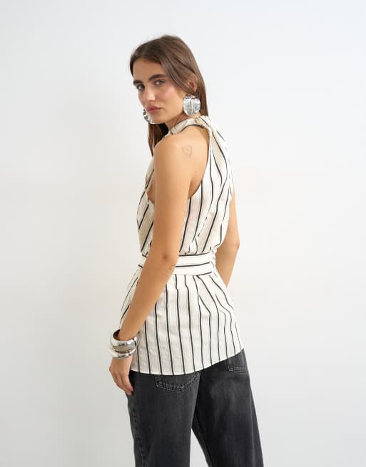 Topshop - Top senza maniche monocromatico a righe con collo alto e cintura, 4 di 4
