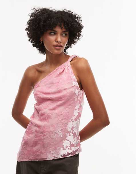 Topshop - Top senza maniche monospalla rosa in velluto dévoré con spallina attorcigliata - view 1