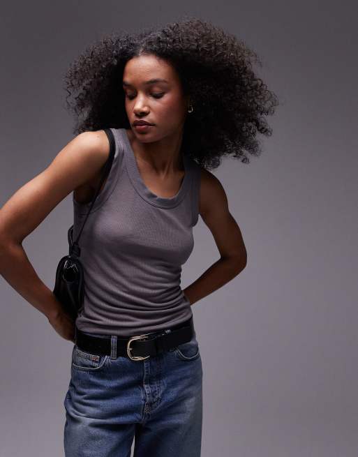 Topshop - Top senza maniche premium color ardesia trasparente a coste