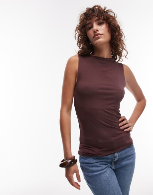 Topshop - Top senza maniche premium color cioccolato con scollo a barchetta
