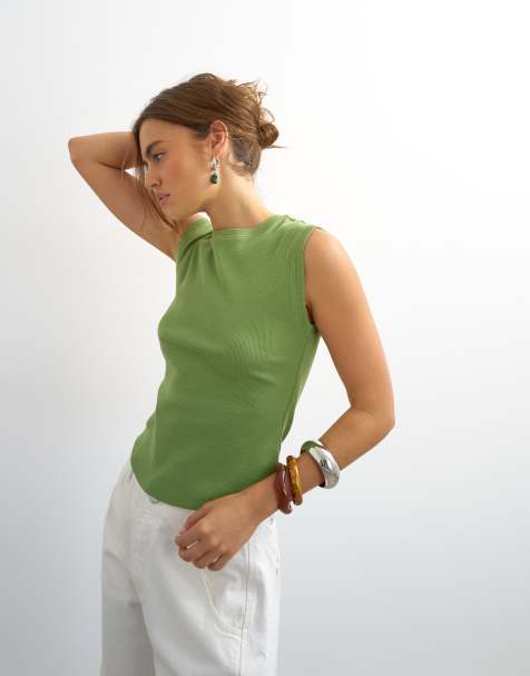 Topshop - Top senza maniche stile boyfriend verde a coste - view 1