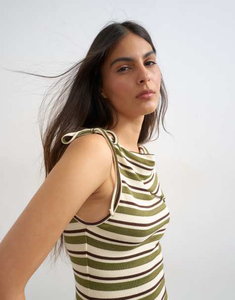 Topshop - Top senza maniche verde a righe con spalline allacciate e risvolto - view 1