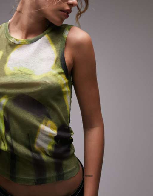 Topshop - Top senza maniche verde in rete con tulipani sfocati, 3 di 4