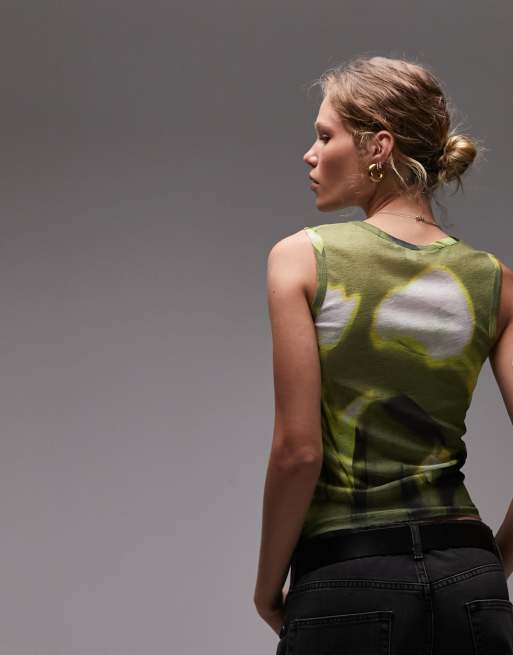 Topshop - Top senza maniche verde in rete con tulipani sfocati, 4 di 4