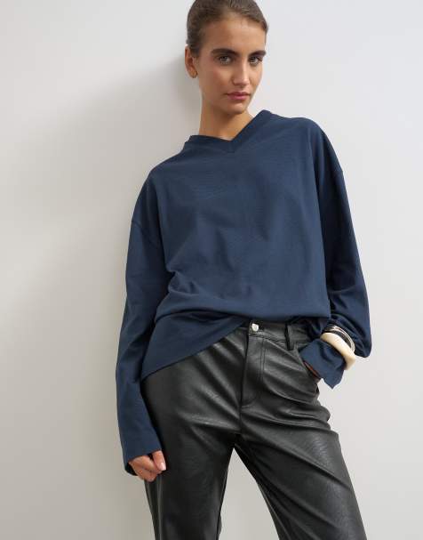 Topshop top skater col V à manches longues marine - view 1