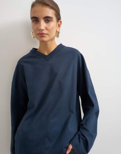 Topshop top skater col V à manches longues marine, 3 de 4