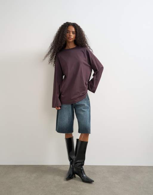 Topshop - top skater de manga larga con costuras en chocolate, 3 de 4
