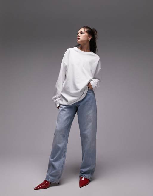 Topshop - Top skater premium a maniche lunghe bianco con cuciture