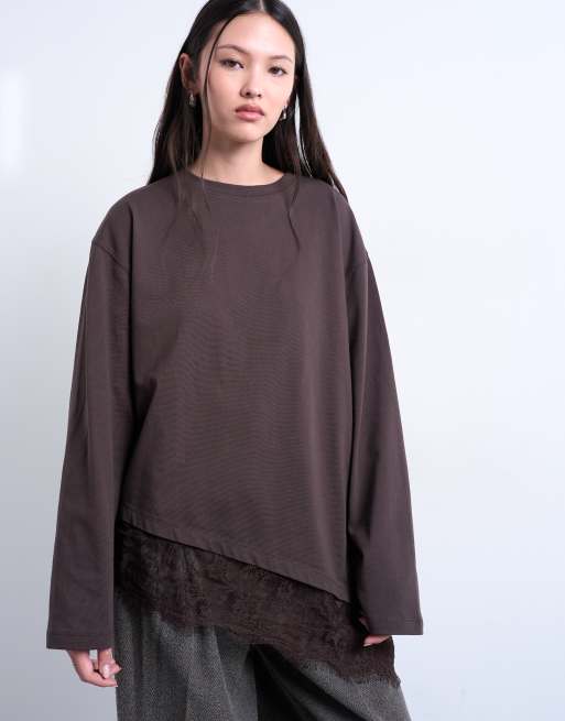 Topshop - Top stile skater asimmetrico oversize color cioccolato con finiture in pizzo