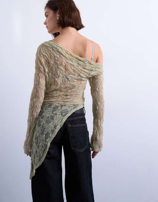 Topshop - Top stile tunica a maniche lunghe verde in pizzo con spalla scoperta, 2 di 4