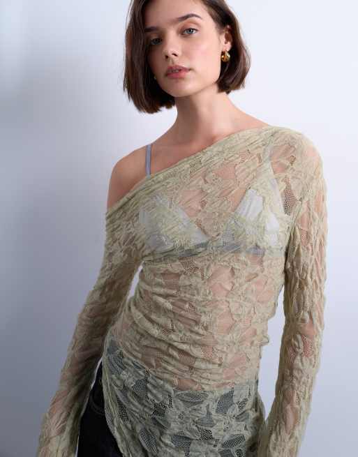 Topshop - Top stile tunica a maniche lunghe verde in pizzo con spalla scoperta, 3 di 4