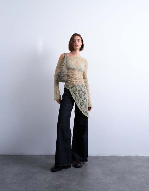 Topshop - Top stile tunica a maniche lunghe verde in pizzo con spalla scoperta, 4 di 4
