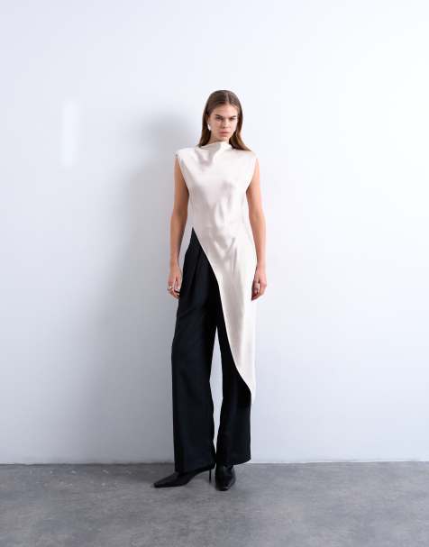 Topshop - Top stile tunica color ostrica in raso con fondo asimmetrico e spalle imbottite - view 1