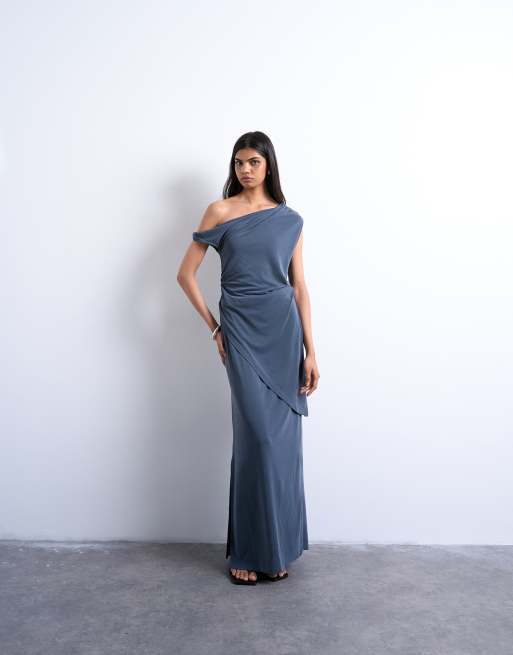 Topshop - Top stile tunica in tessuto cupro grigio antracite con scollo alla Bardot asimmetrico e dettaglio attorcigliato