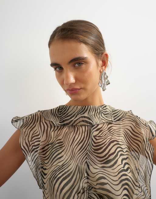 Topshop top transparent à col drapé, imprimé zèbre monochrome, 2 de 4