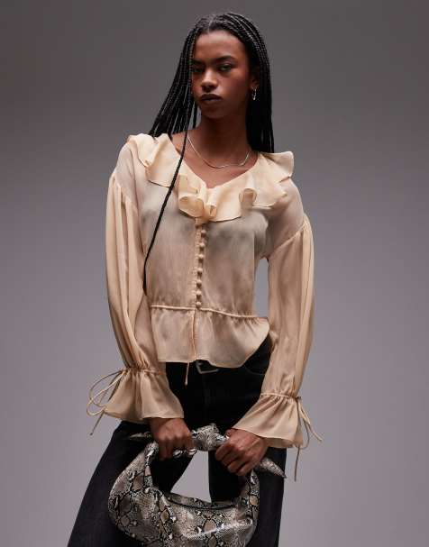 Topshop - Top transparent à volants avec liens devant - Beige - view 1