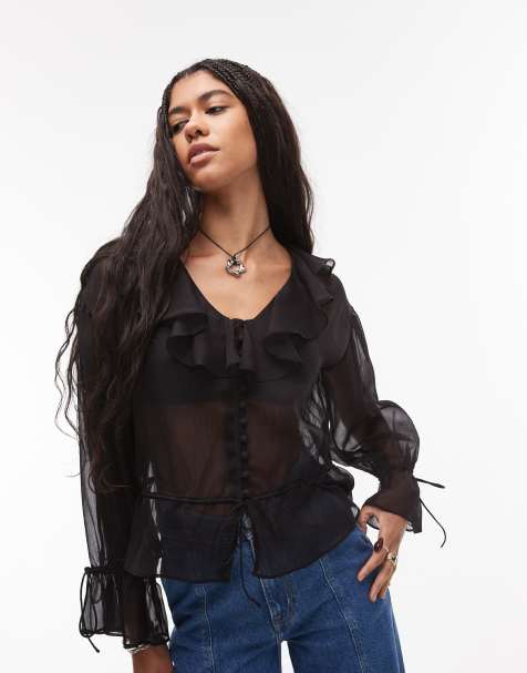 Topshop - Top transparent avec liens devant et volants - Noir - view 1