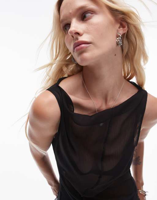 Haut Topshop Noir Taille 12 Avec Détails Plissés Et Transparence Aux épaules - Occasion Très Bon état