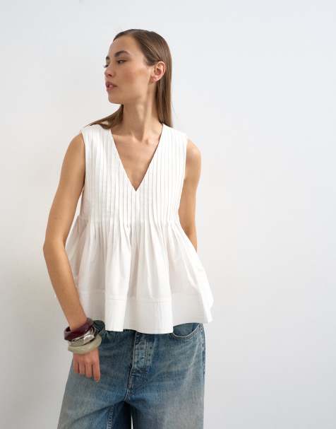 Topshop - Top trapèze à plis nervurés et col V - Blanc - view 1