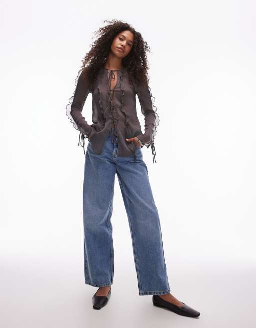 Topshop - Top trasparente grigio allacciato sul davanti con volant, 2 di 4