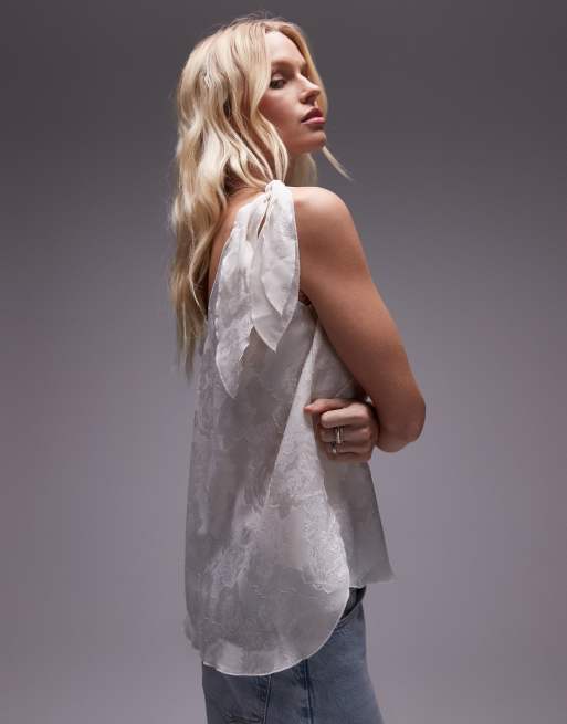 Topshop - Top trasparente in jacquard color avorio con scollo rotondo e spalline allacciate
