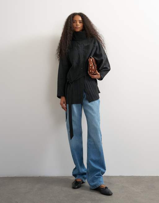 Topshop top tunica con collo a imbuto e vita annodata nero, 2 di 4