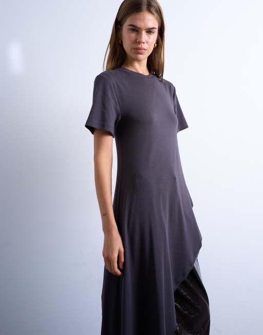 Topshop - Top tunique près du corps asymétrique à manches courtes - Gris anthracite, 2 de 4