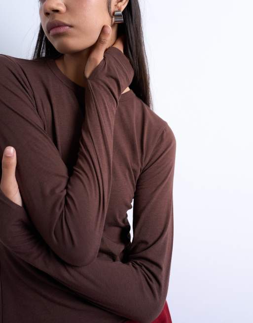 Topshop - Top ultra-fin à manches longues et col ras de cou - Marron chocolat, 2 de 4