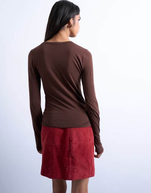 Topshop - Top ultra-fin à manches longues et col ras de cou - Marron chocolat, 3 de 4