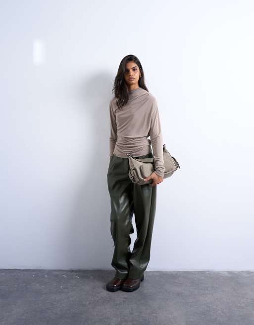 Topshop - Top van cupro met rimpeleffect en lange mouwen in lichtkaki, 2 van 4