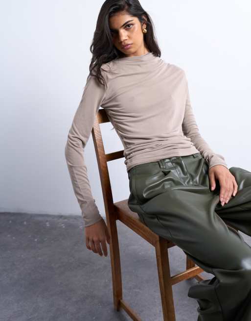 Topshop - Top van cupro met rimpeleffect en lange mouwen in lichtkaki, 3 van 4