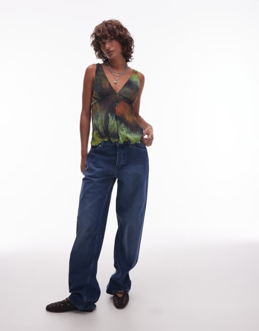 Topshop - Top van gekreukt mesh met print en V-hals in multi, 2 van 4