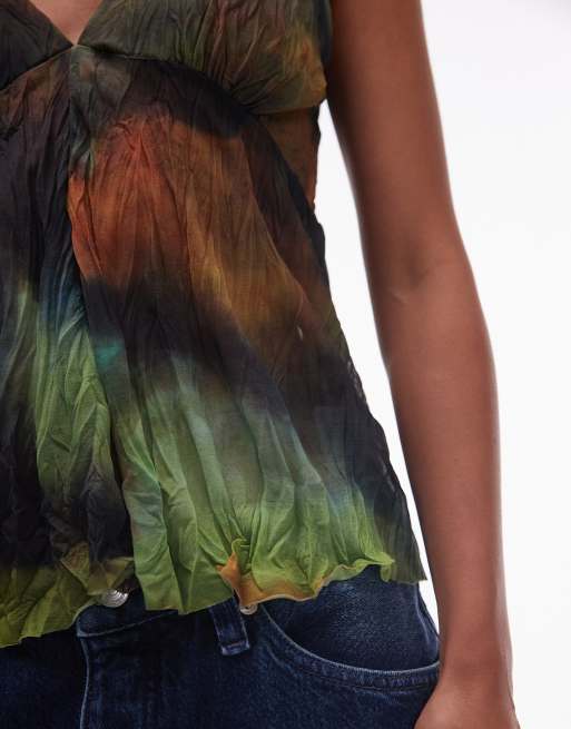 Topshop - Top van gekreukt mesh met print en V-hals in multi, 3 van 4