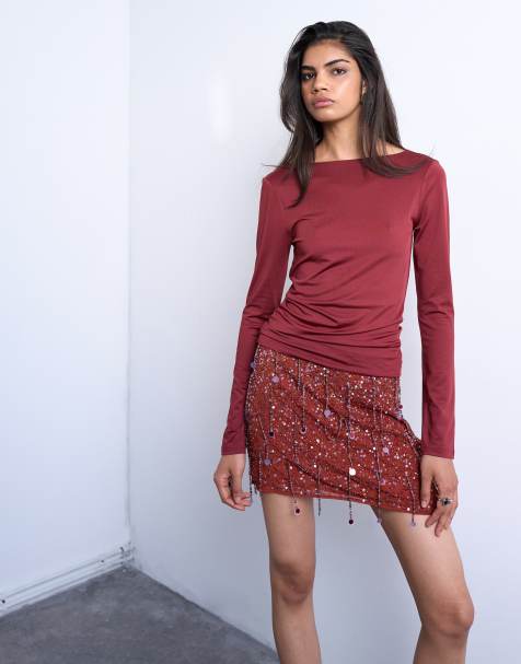 Topshop - Top van gladde stof met lage achterkant en lange mouwen in donkerrood - view 1
