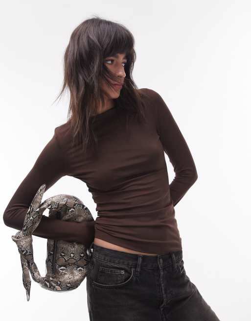 Topshop - Top van gladde stof met lange mouwen in bruin