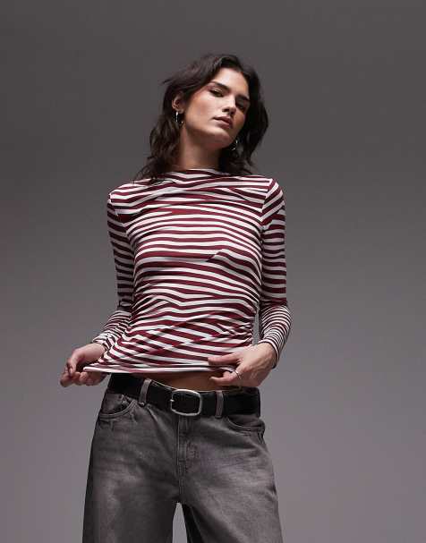 Topshop - Top van jersey met boothals en lange mouwen in wit en bordeauxrood - view 1