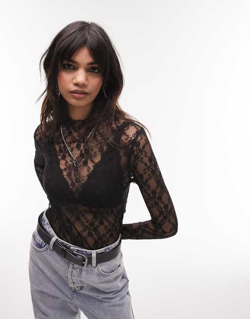 Topshop - Top van kant met lange mouwen in zwart