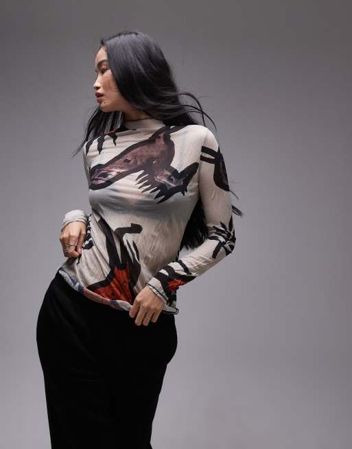 Topshop - Top van kreukelstof met lange mouwen en abstracte ranchprint in wit