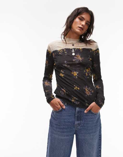 Topshop - Top van kreukelstof met lange mouwen en bloemenprint in multi