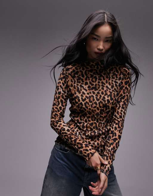 Topshop - Top van kreukelstof met lange mouwen in bruine luipaardprint