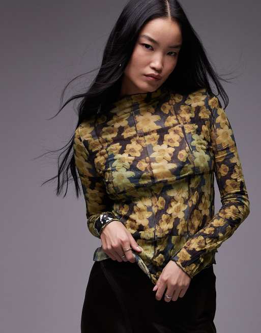 Topshop - Top van kreukelstof met madeliefjesprint en lange mouwen in geel