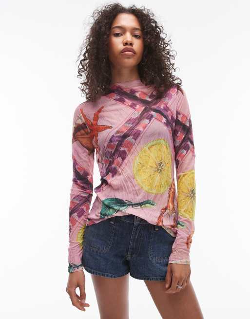 Topshop - Top van kreukelstof met schelpenprint en lange mouwen in multi