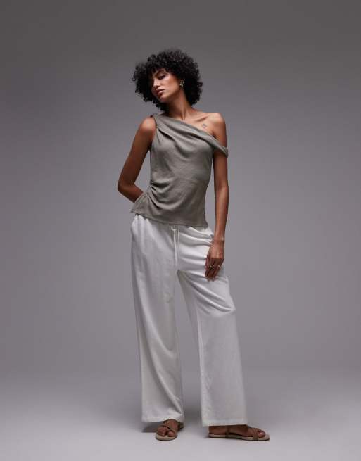 Topshop - Top van linnenmix met gedraaide schouder in groen, 4 van 4