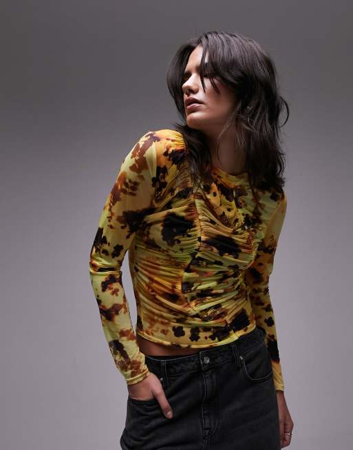 Topshop - Top van mesh met lange mouwen, rimpeleffect en print in geel 