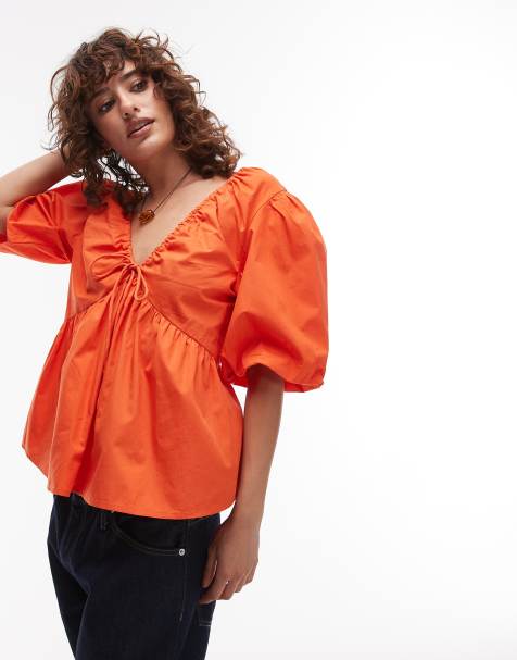 Topshop - Top van popeline met pofmouwen in oranje - view 1