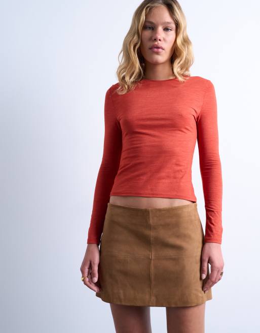 Topshop - Top van wolmix met ronde hals en lange mouwen in oranje