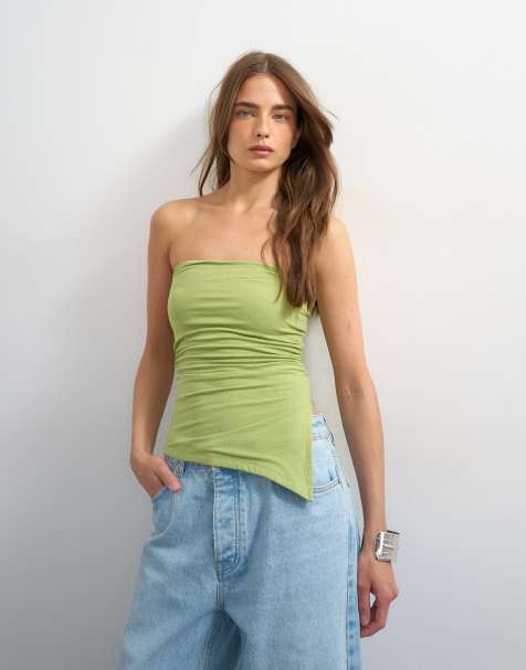 Topshop - Top verde asimétrico fruncido con escote palabra de honor y abertura lateral - view 1