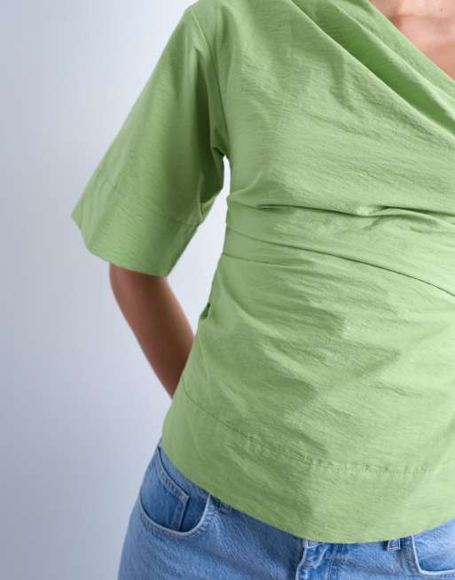 Topshop - Top verde avocado con spalla scoperta e scollo drappeggiato, 4 di 4