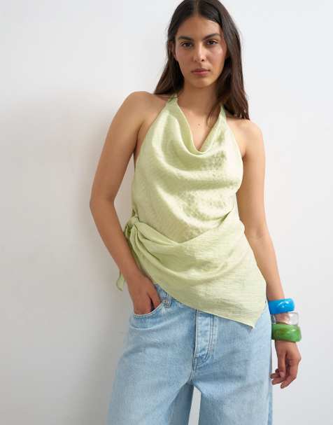 Topshop - Top verde con cuello halter, raya diplomática y cuello desbocado drapeado - view 1